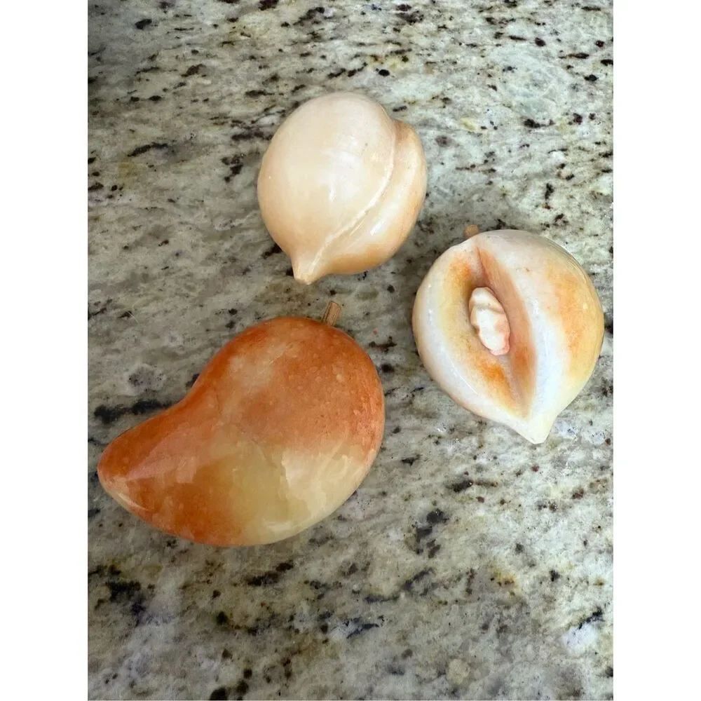 Vintage Alabaster Stone Fruit – Set of 3 Hand-Carved Realistic Decorative Fruit